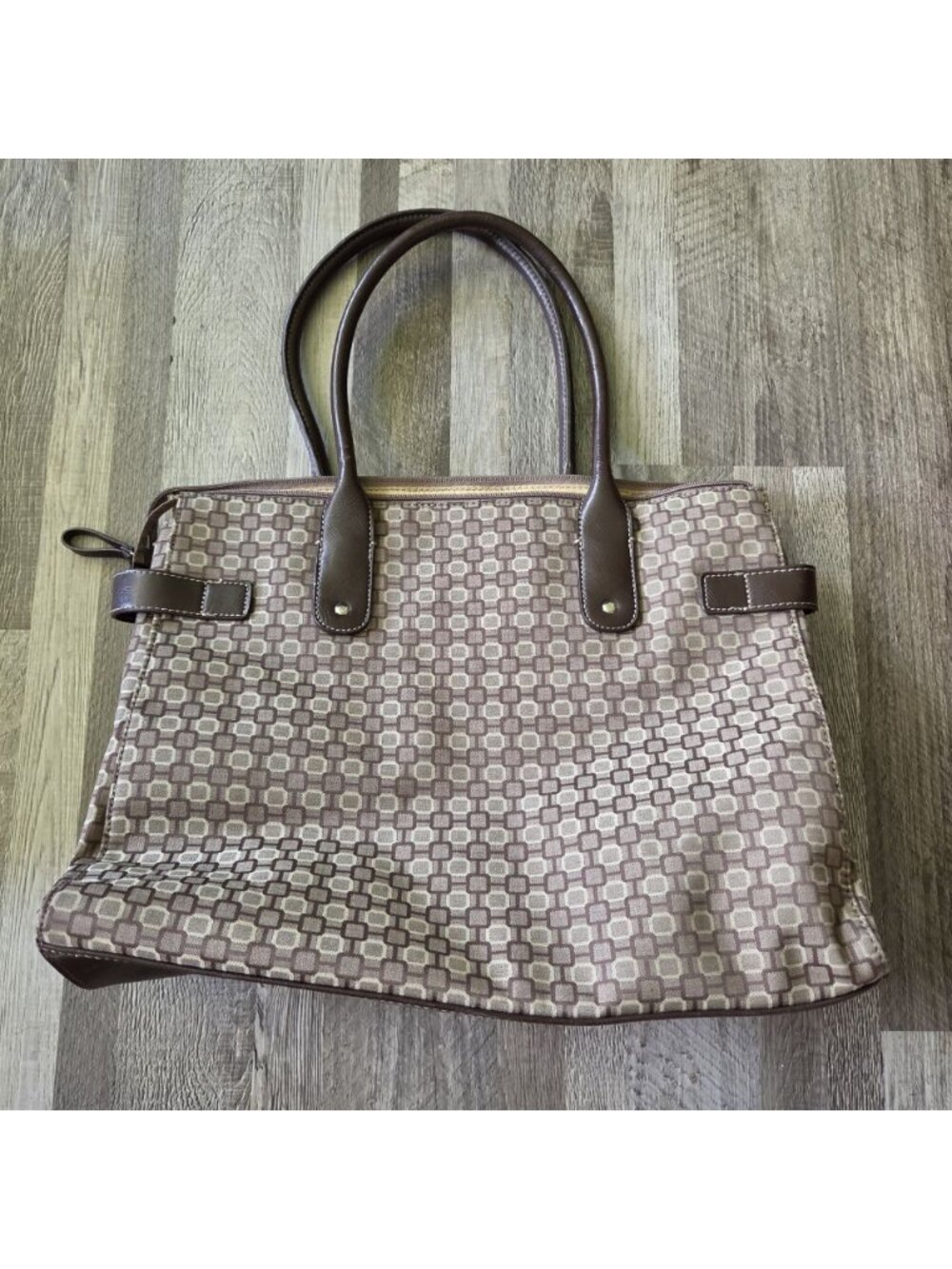 NINE WEST Vintage Geometric Canvas Tote Bag Brown Tan Shoulder Purse Handbag Y2K